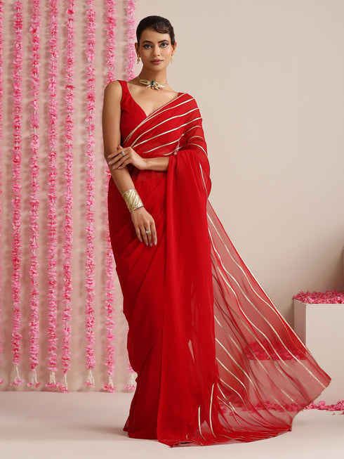 Red and Gold Triangle Impression Georgette Saree with Blouse Fabric