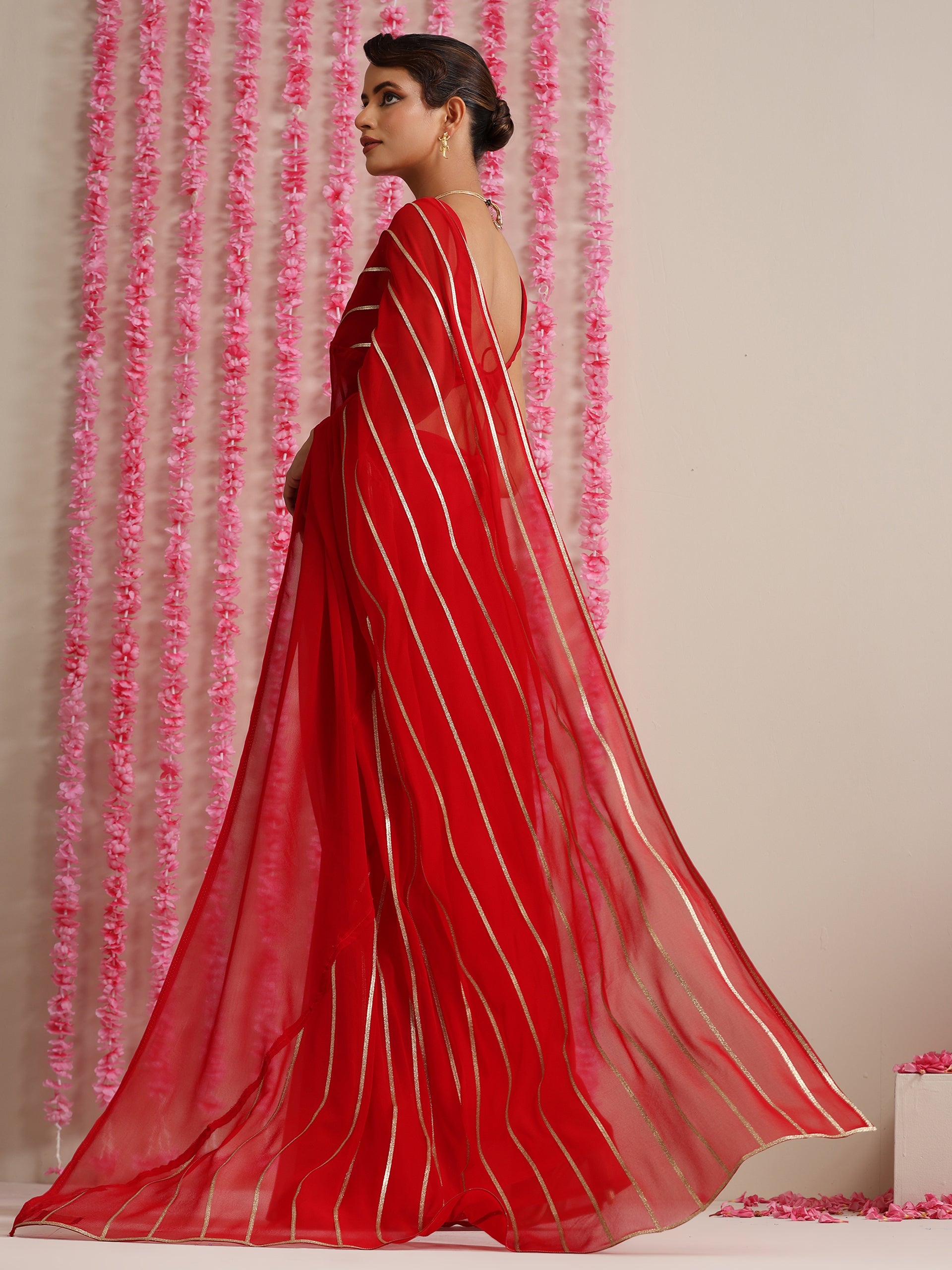 Red and Gold Triangle Impression Georgette Saree with Blouse Fabric