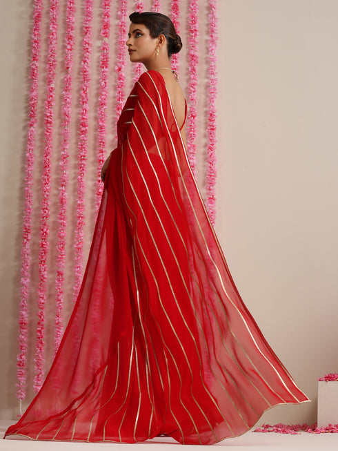 Red and Gold Triangle Impression Georgette Saree with Blouse Fabric