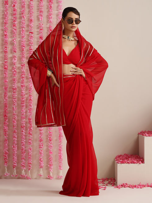 Red and Gold Triangle Impression Georgette Saree with Blouse Fabric