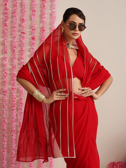 Red and Gold Triangle Impression Georgette Saree with Blouse Fabric