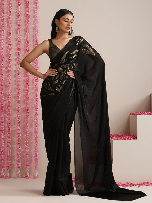 Black Metallic Satin Saree with Gold Embroidery and Self Blouse Fabric