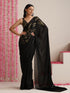 Black Metallic Satin Saree with Gold Embroidery and Self Blouse Fabric