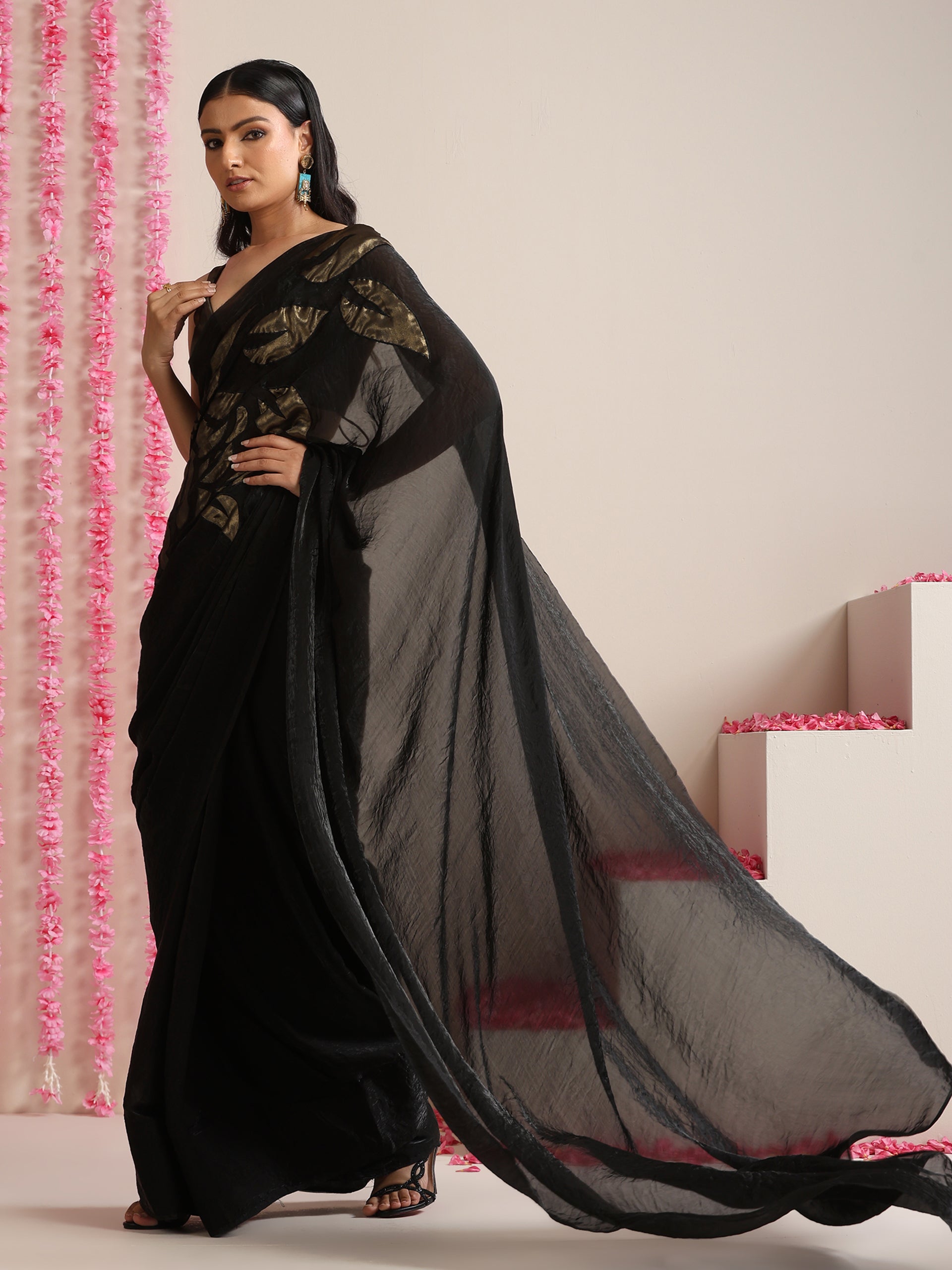 Black Metallic Satin Saree with Gold Embroidery and Self Blouse Fabric