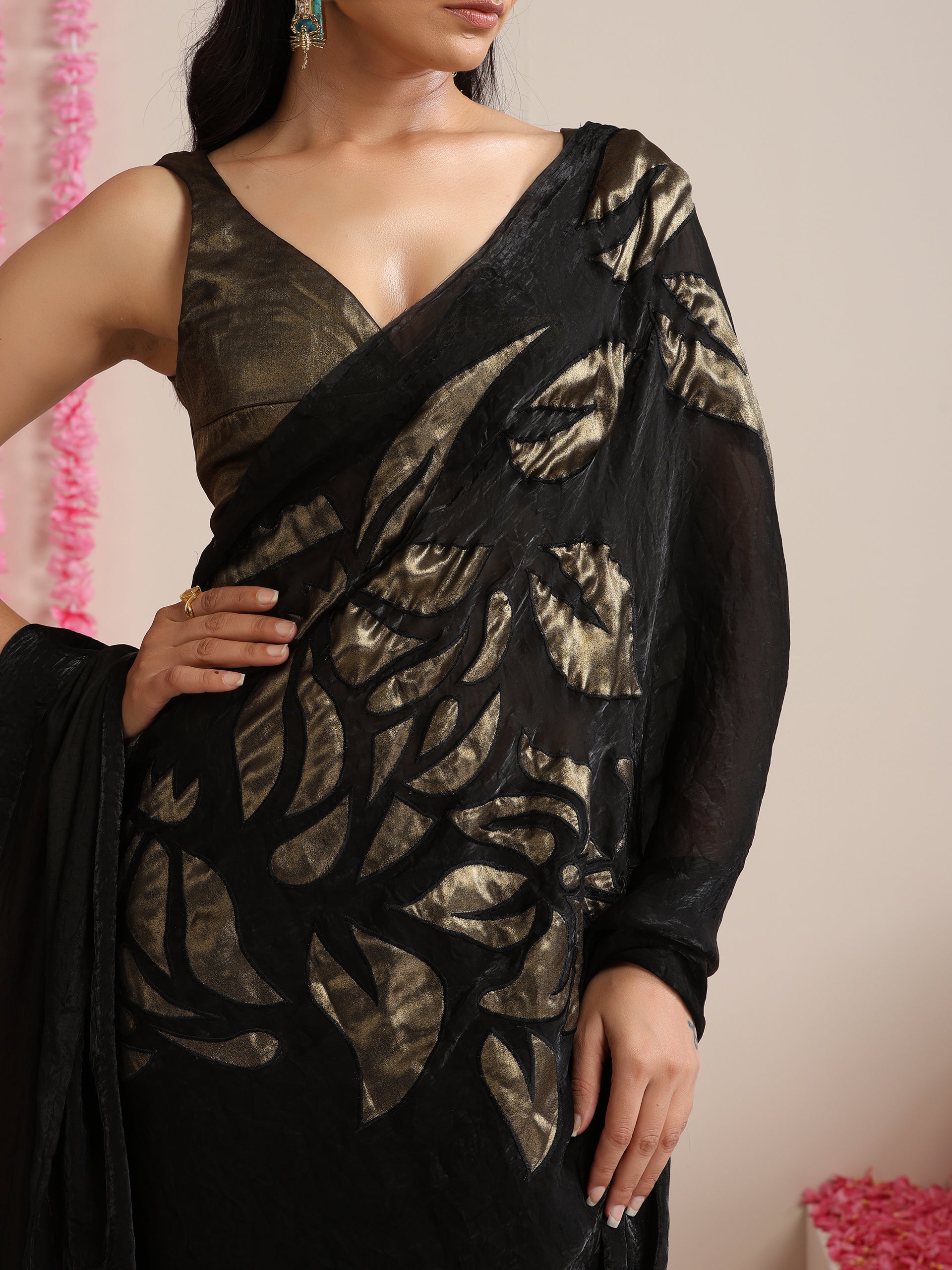 Black Metallic Satin Saree with Gold Embroidery and Self Blouse Fabric