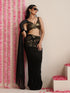 Black Metallic Satin Saree with Gold Embroidery and Self Blouse Fabric