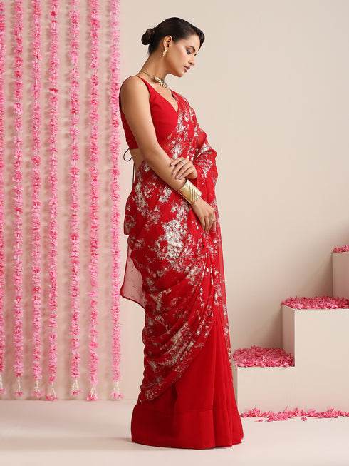Red Georgette Saree with Gold Print & Blouse Fabric