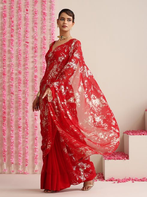 Red Georgette Saree with Gold Print & Blouse Fabric