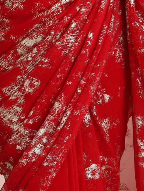 Red Georgette Saree with Gold Print & Blouse Fabric