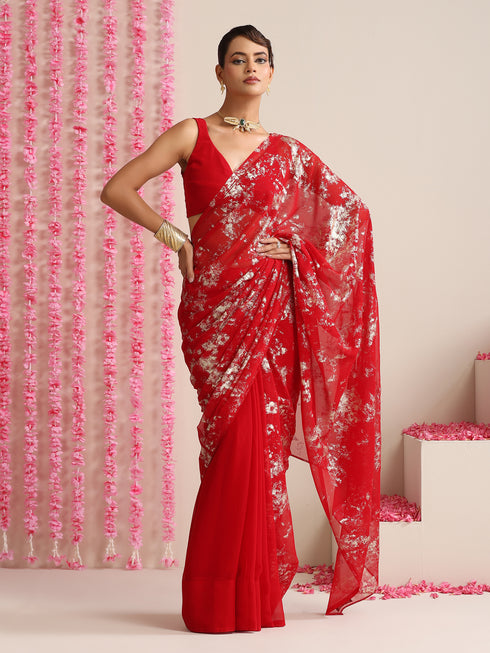 Red Georgette Saree with Gold Print & Blouse Fabric