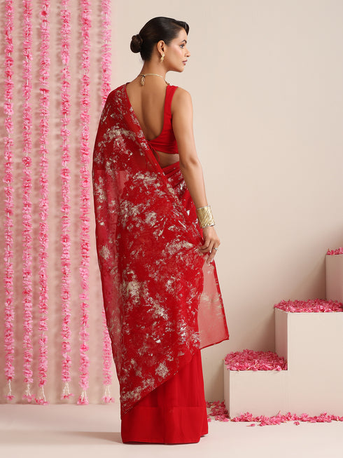 Red Georgette Saree with Gold Print & Blouse Fabric