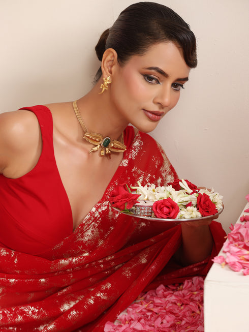 Red Georgette Saree with Gold Print & Blouse Fabric