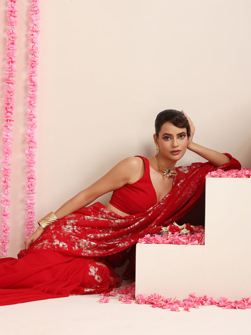 Red Georgette Saree with Gold Print & Blouse Fabric