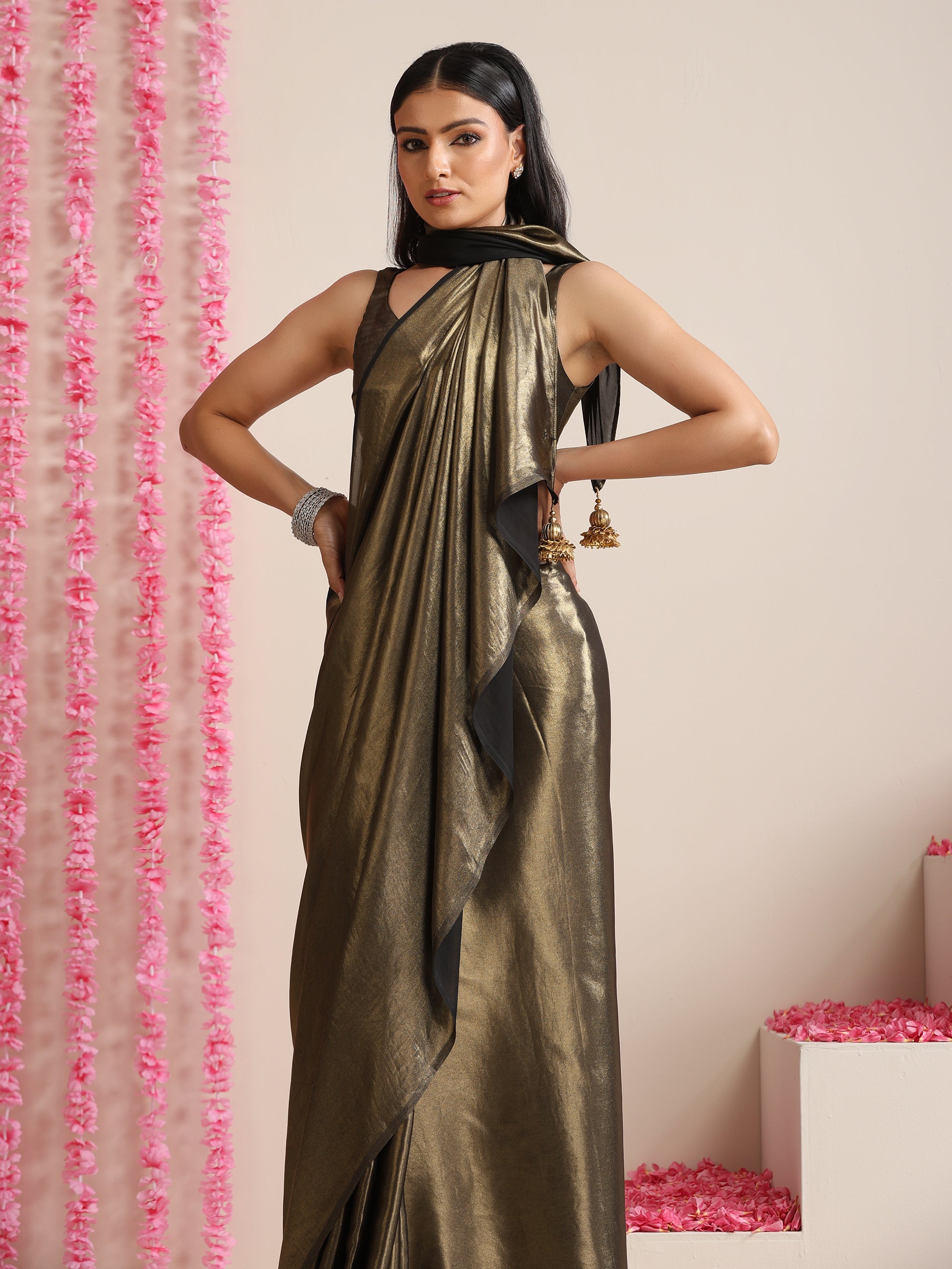 Black Gold Saree with Blouse Fabric