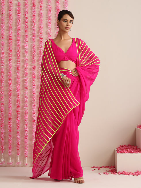 Pink and Dual Neon Green Pink Impression Georgette Saree with Blouse Fabric
