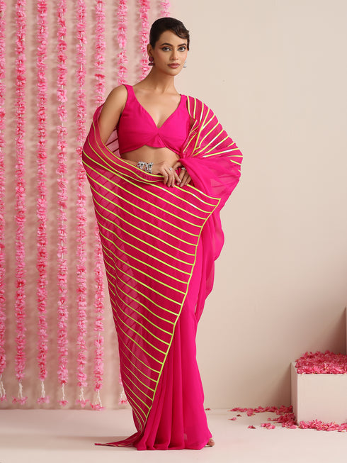 Pink and Dual Neon Green Pink Impression Georgette Saree with Blouse Fabric