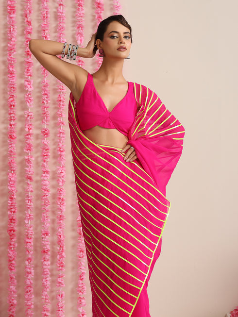 Pink and Dual Neon Green Pink Impression Georgette Saree with Blouse Fabric