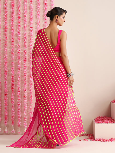 Pink and Dual Neon Green Pink Impression Georgette Saree with Blouse Fabric