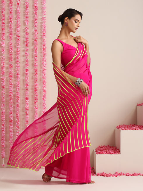 Pink and Dual Neon Green Pink Impression Georgette Saree with Blouse Fabric