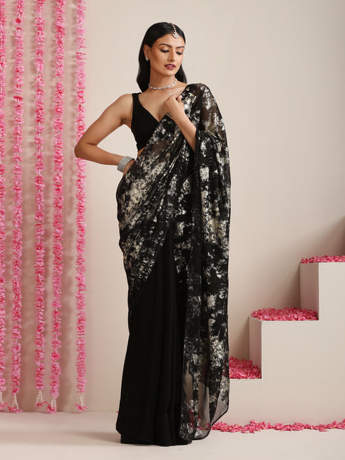 Black Georgette Saree with Gold Print & Blouse Fabric