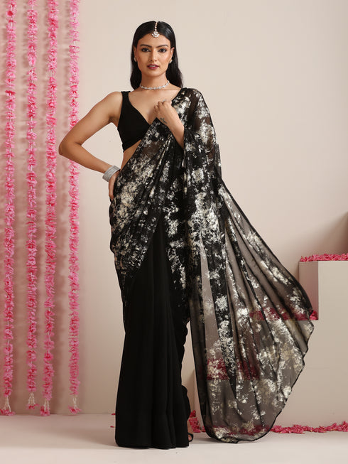 Black Georgette Saree with Gold Print & Blouse Fabric