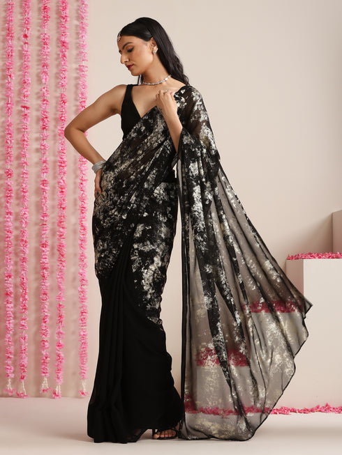 Black Georgette Saree with Gold Print & Blouse Fabric
