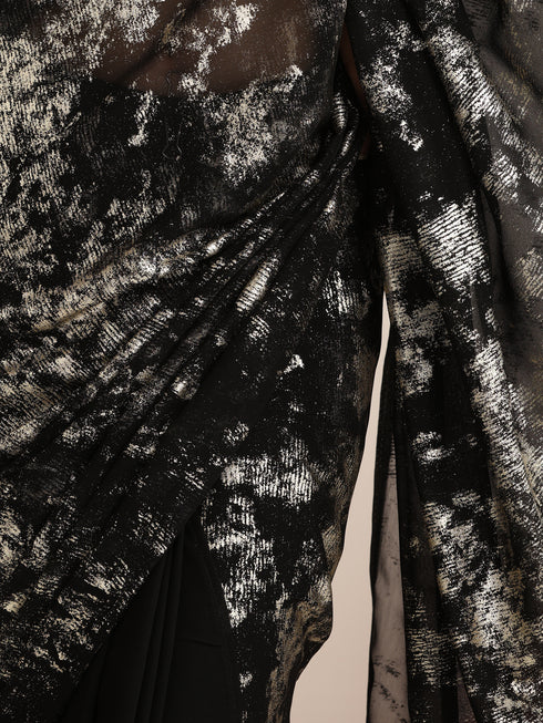 Black Georgette Saree with Gold Print & Blouse Fabric