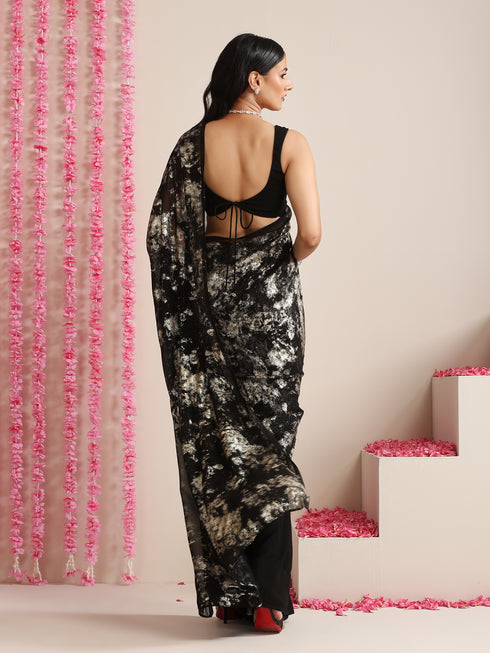 Black Georgette Saree with Gold Print & Blouse Fabric
