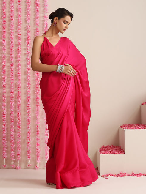 Fuchsia Solid Satin Saree with Pendants & Blouse Fabric