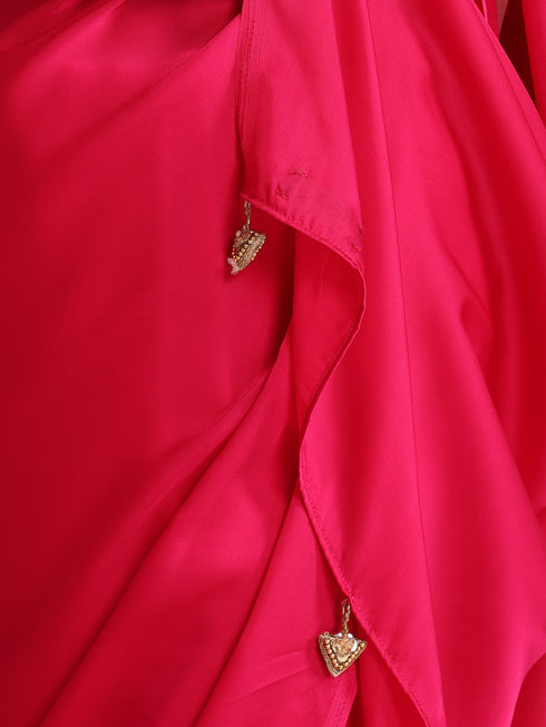 Fuchsia Solid Satin Saree with Pendants & Blouse Fabric