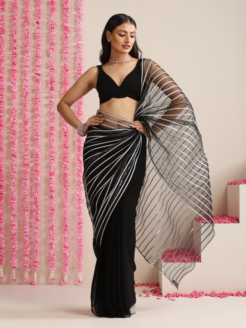 Black and Silver Impression Georgette Saree with Blouse Fabric