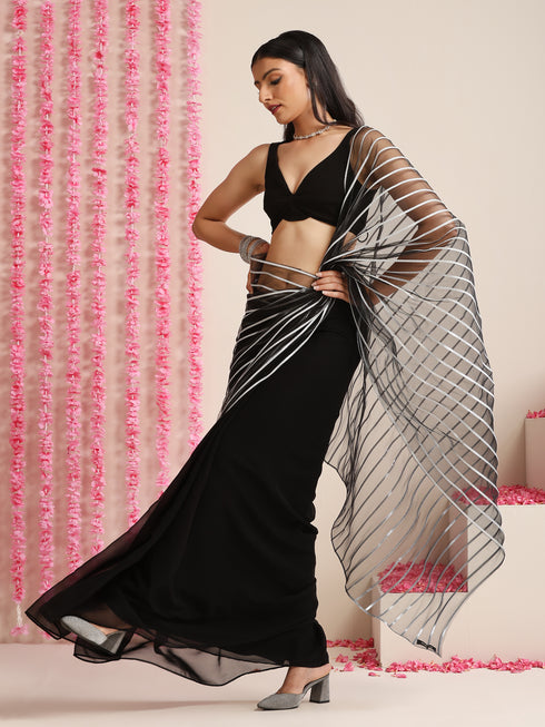 Black and Silver Impression Georgette Saree with Blouse Fabric