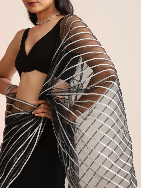 Black and Silver Impression Georgette Saree with Blouse Fabric