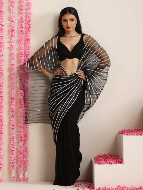 Black and Silver Impression Georgette Saree with Blouse Fabric