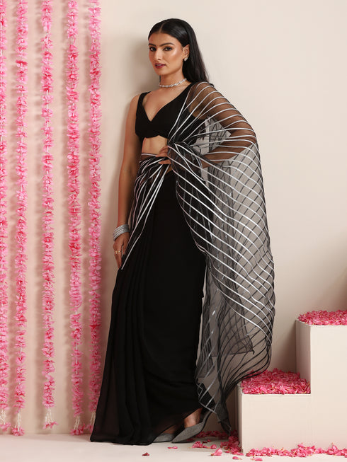 Black and Silver Impression Georgette Saree with Blouse Fabric