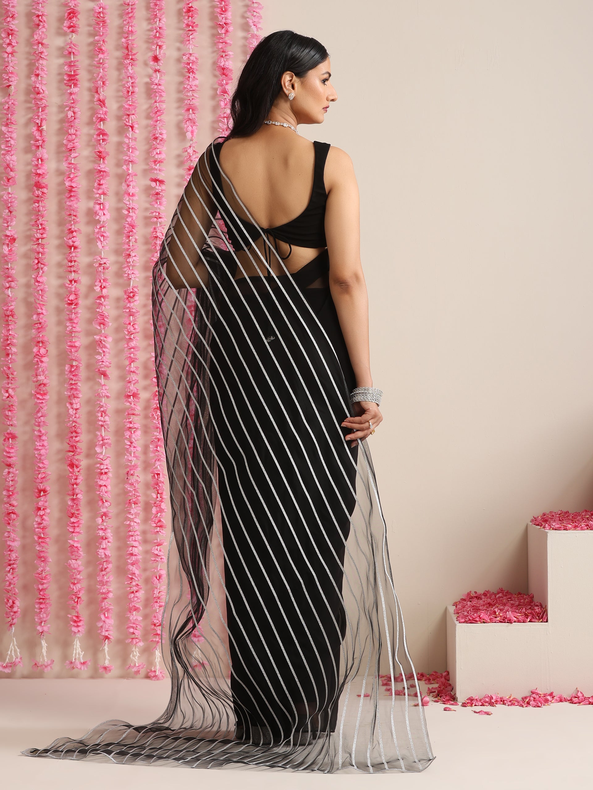 Black and Silver Impression Georgette Saree with Blouse Fabric