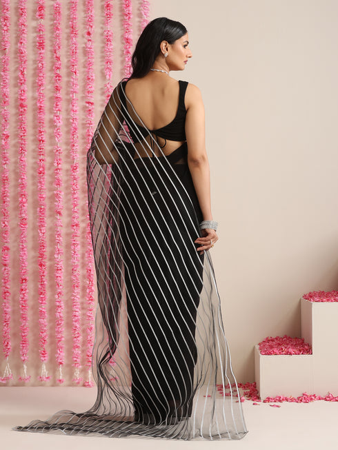 Black and Silver Impression Georgette Saree with Blouse Fabric