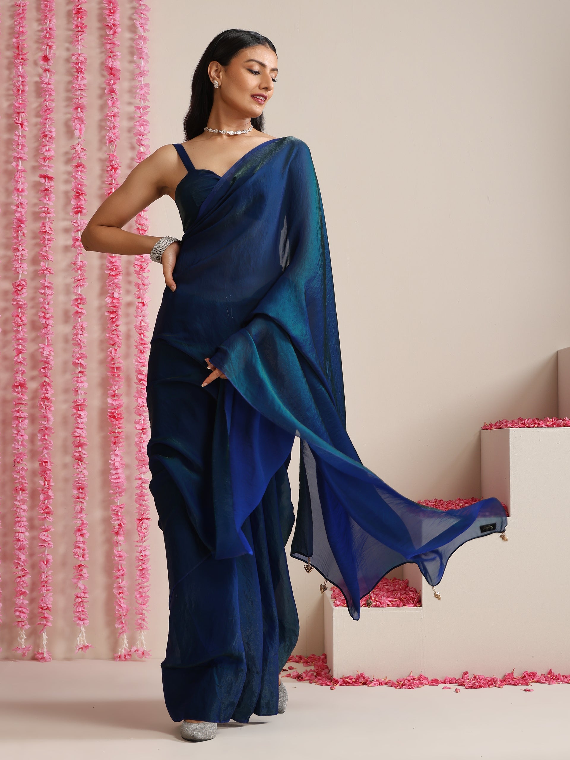 Peacock Dual Shade Dark Blue Metallic Satin Saree with Tassels & Matching Blouse Fabric