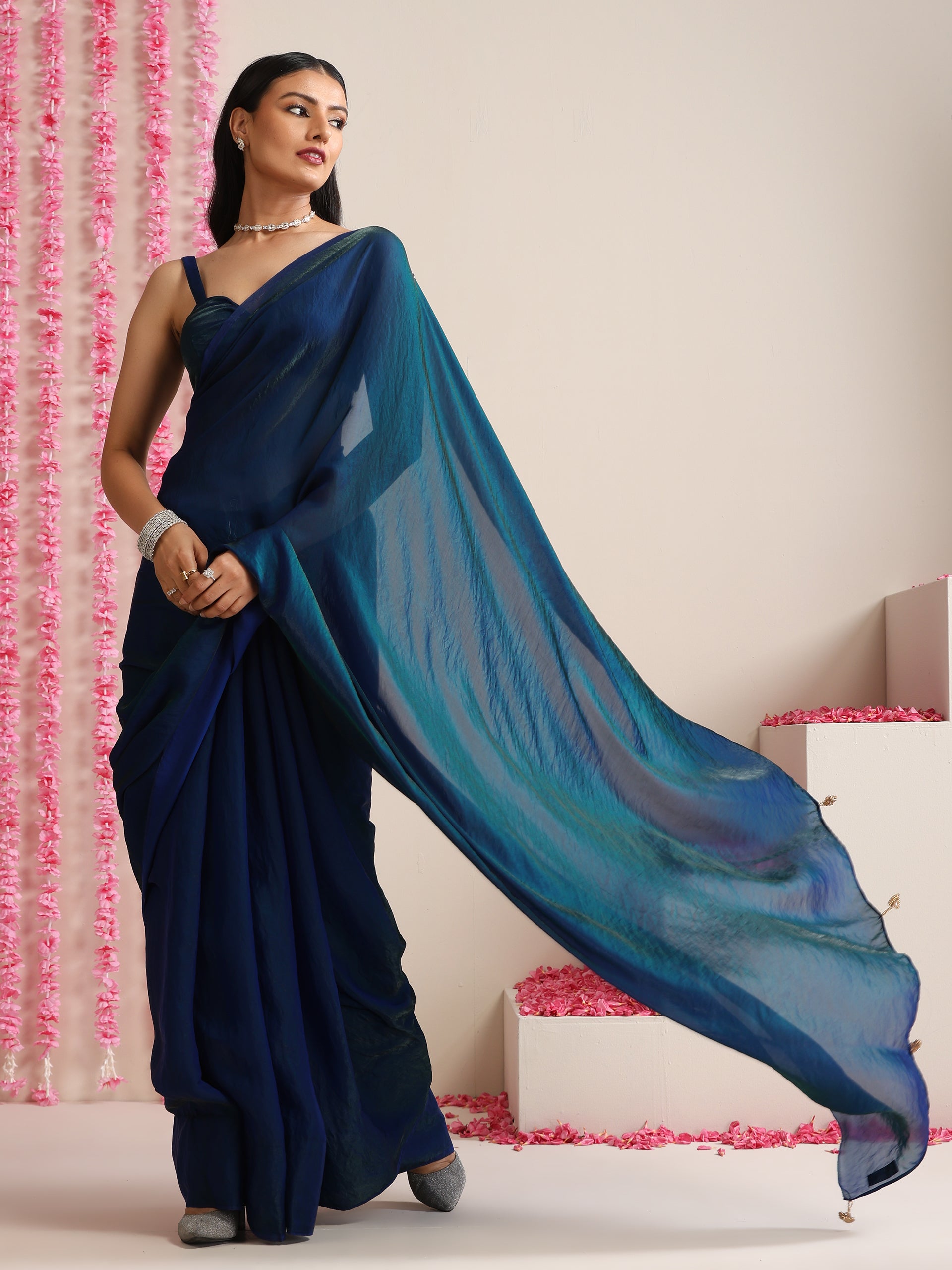 Peacock Dual Shade Dark Blue Metallic Satin Saree with Tassels & Matching Blouse Fabric