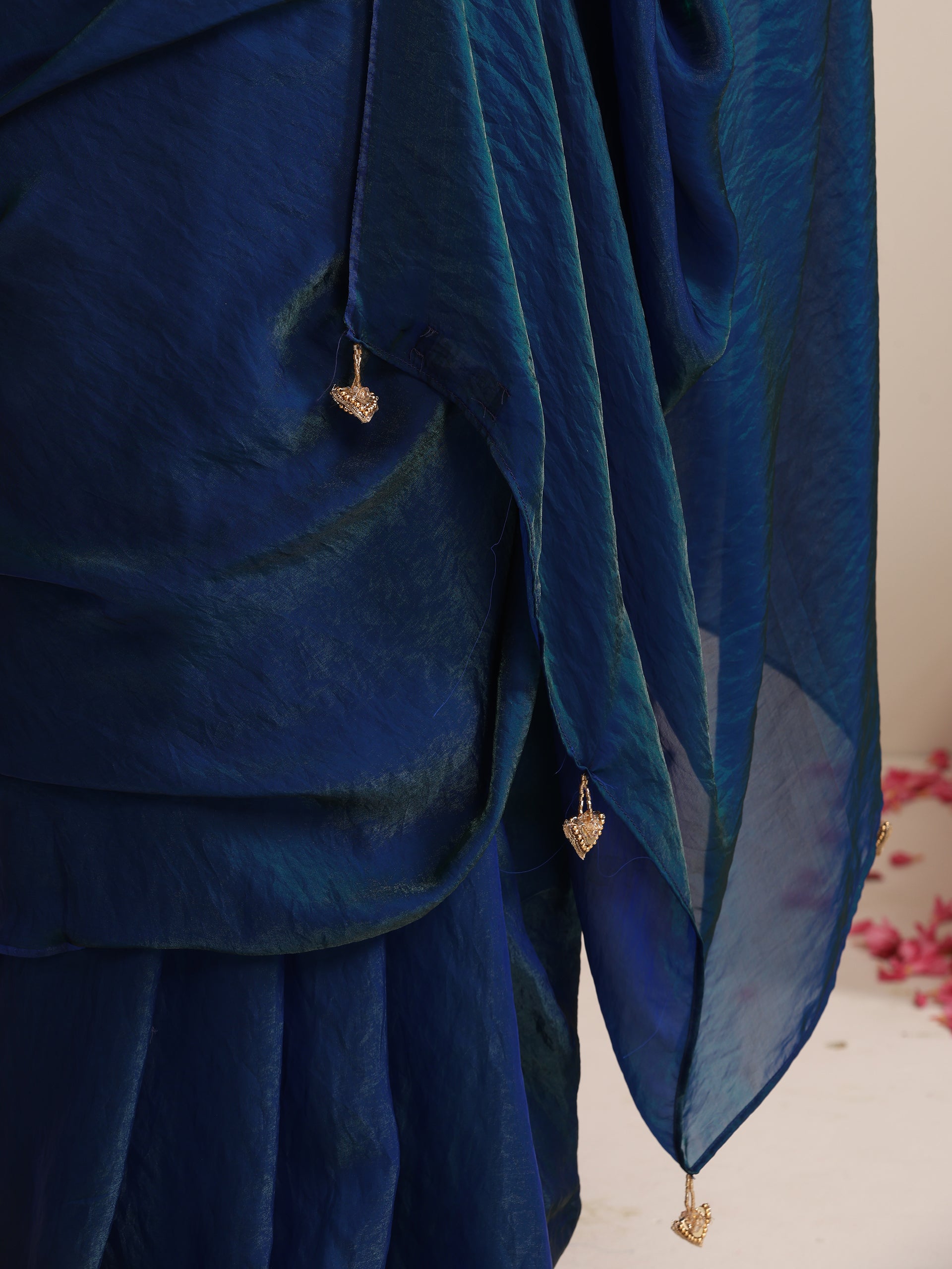 Peacock Dual Shade Dark Blue Metallic Satin Saree with Tassels & Matching Blouse Fabric