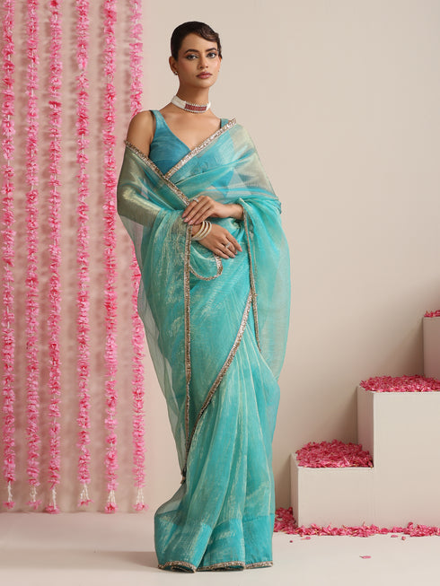 Sky Magic Metallic Chiffon Blue Saree with Lace Edge