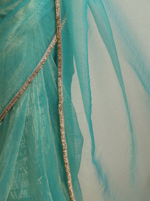 Sky Magic Metallic Chiffon Blue Saree with Lace Edge