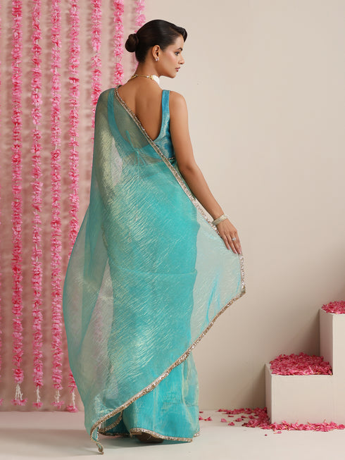 Sky Magic Metallic Chiffon Blue Saree with Lace Edge