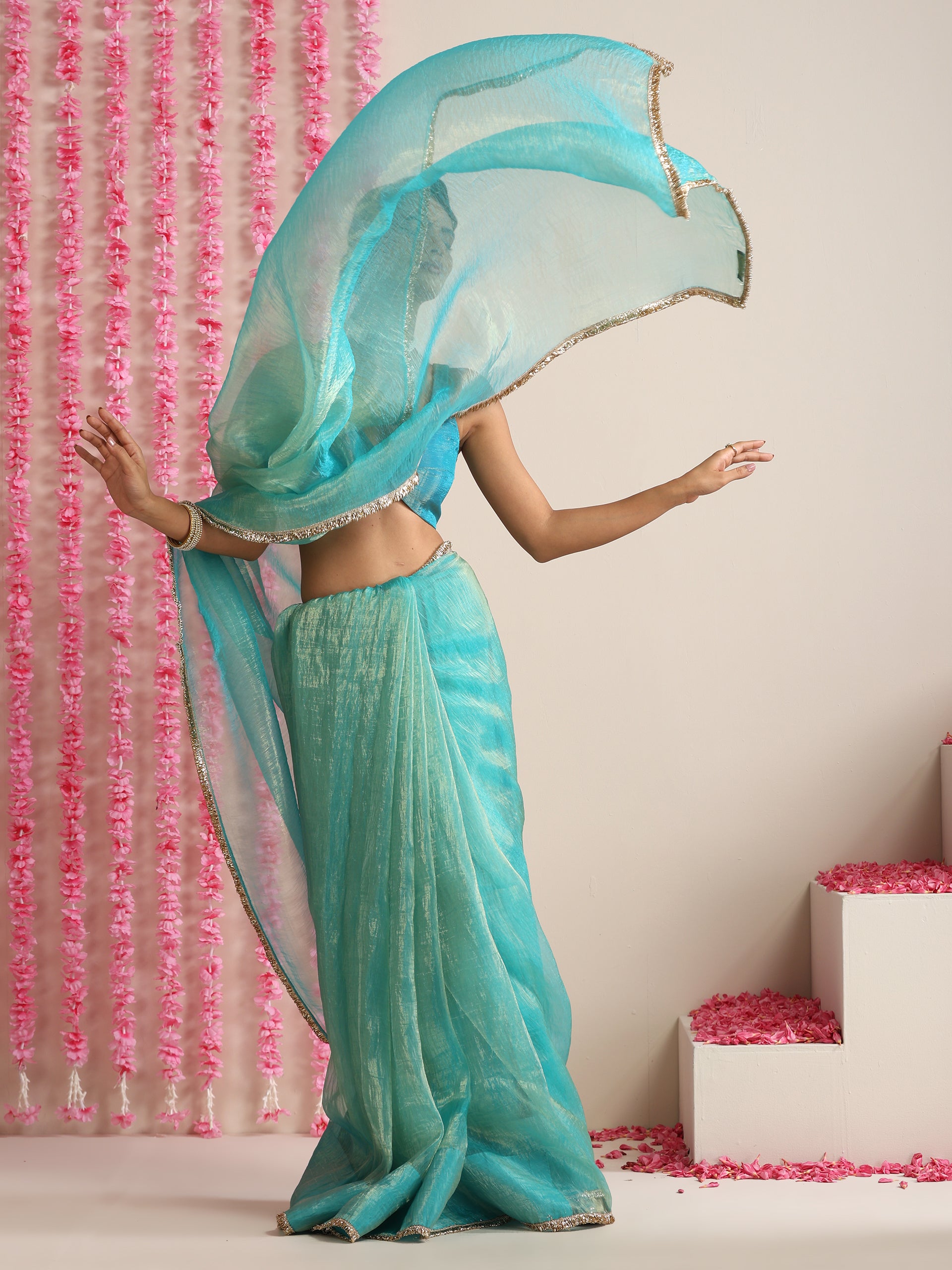 Sky Magic Metallic Chiffon Blue Saree with Lace Edge