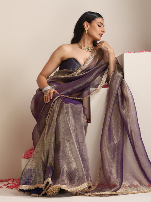 Purple Magic Saree – Metallic Chiffon with Lace Edge & Matching Blouse Fabric
