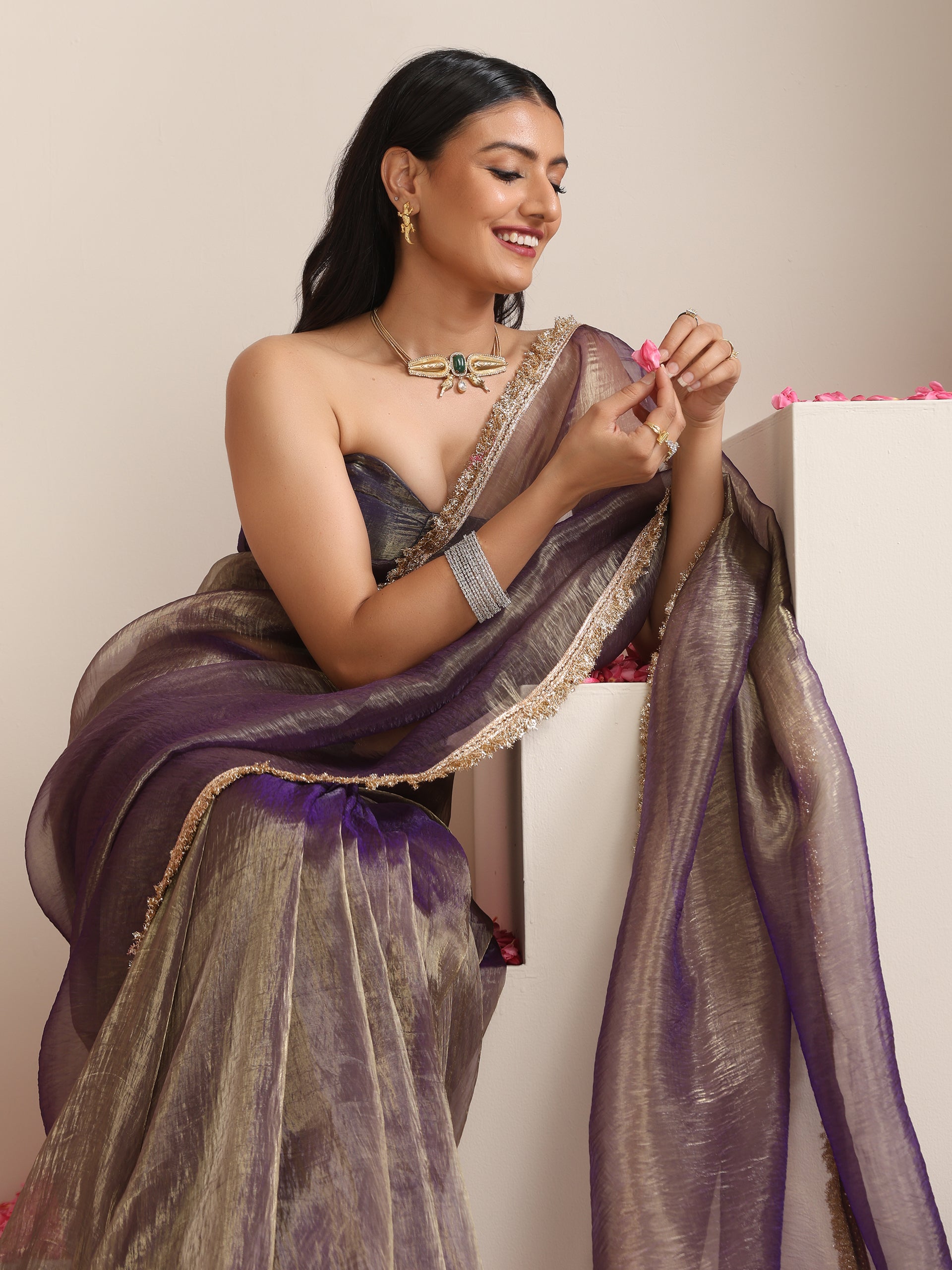 Purple Magic Saree – Metallic Chiffon with Lace Edge & Matching Blouse Fabric