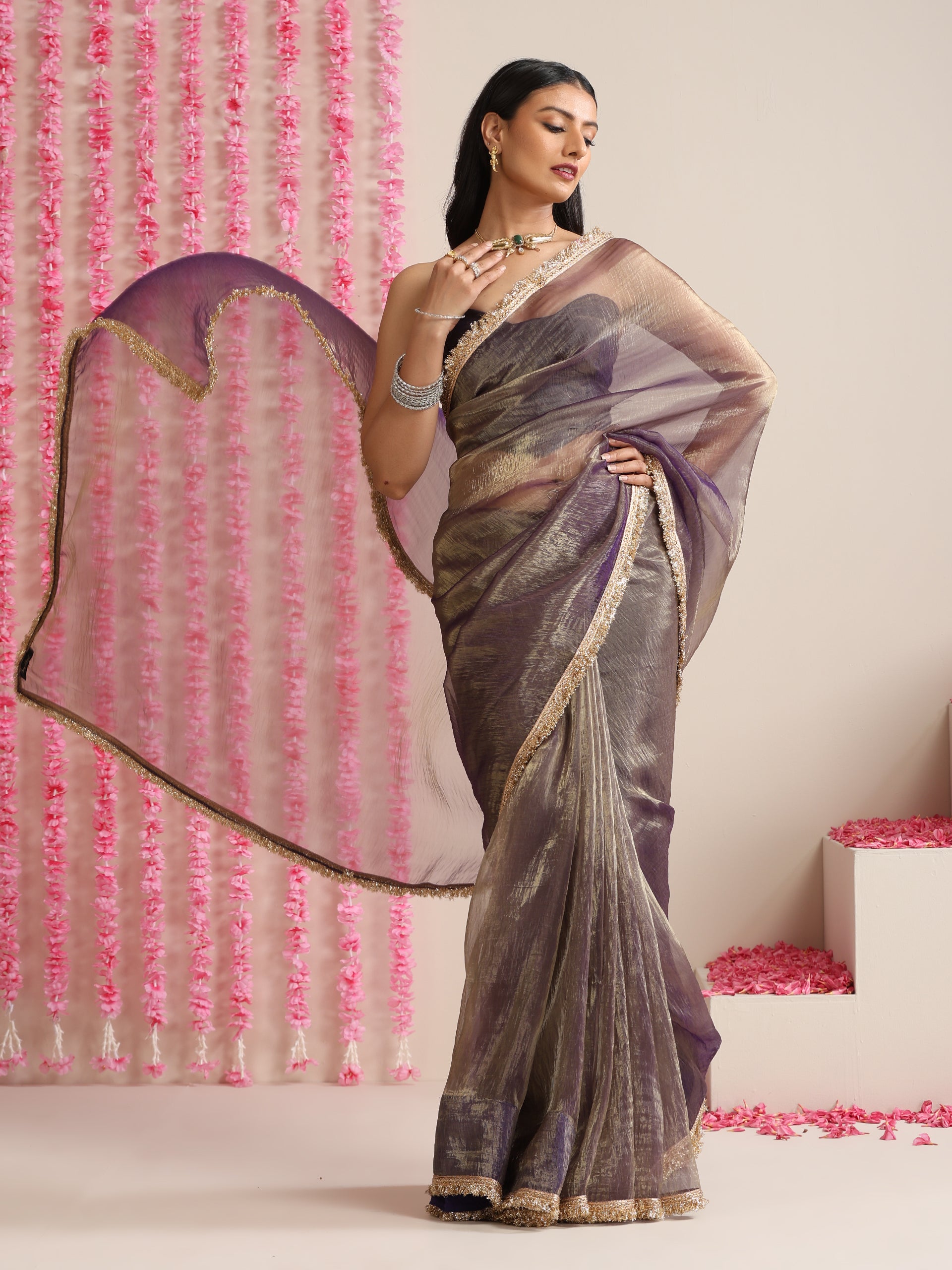 Purple Magic Saree – Metallic Chiffon with Lace Edge & Matching Blouse Fabric