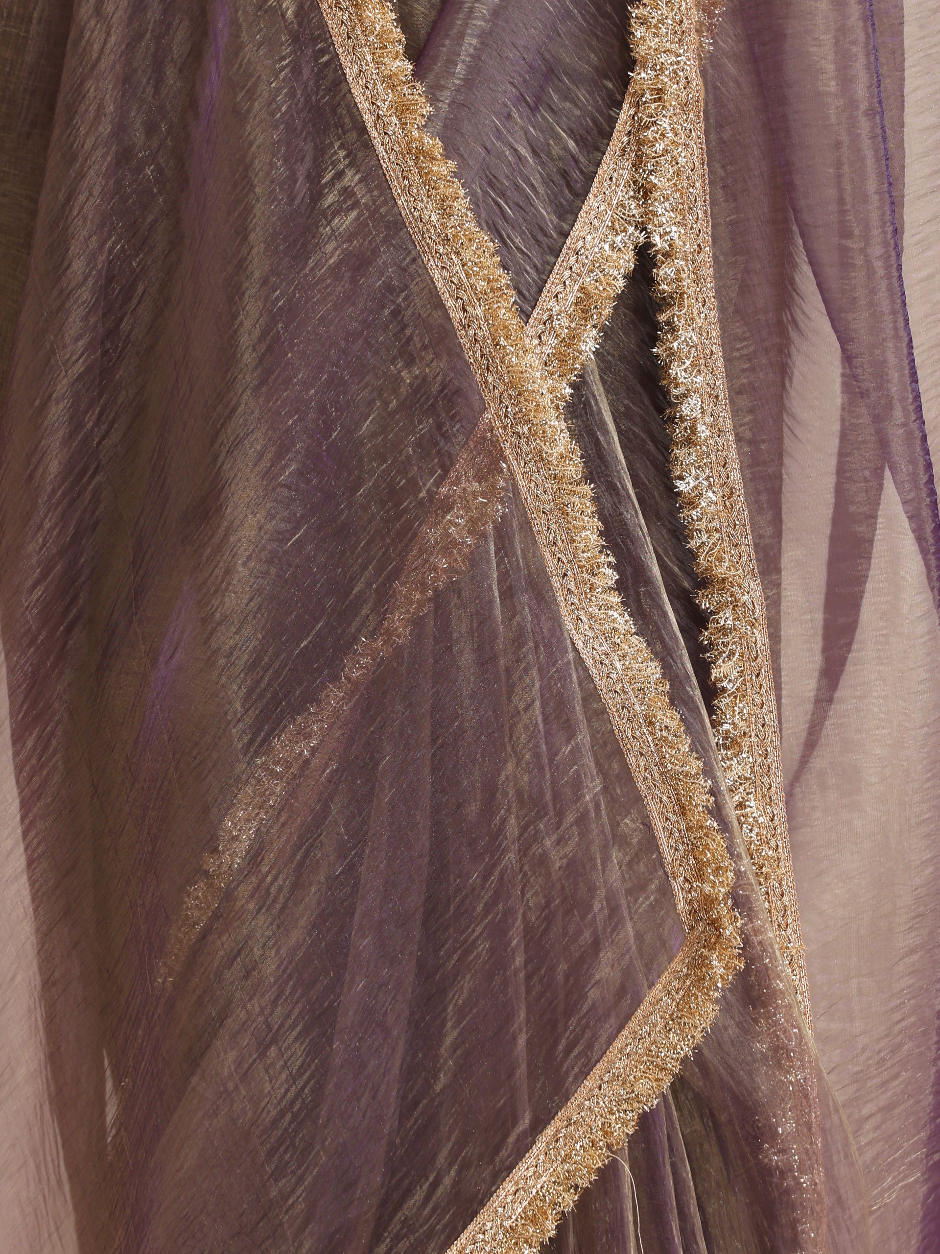 Purple Magic Saree – Metallic Chiffon with Lace Edge & Matching Blouse Fabric