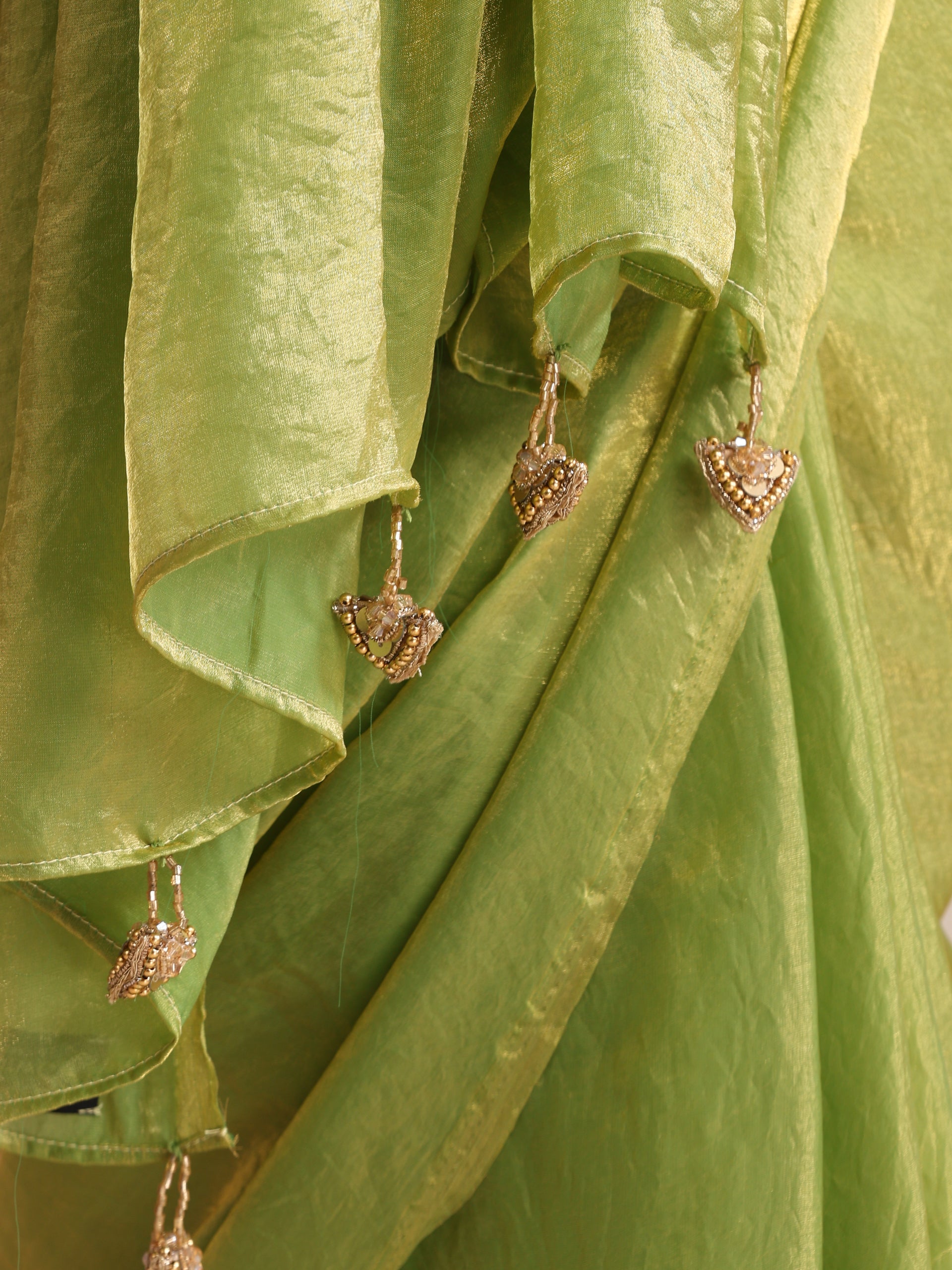 Mehndi Muse Saree – Metallic Satin Drape with Pendant Tassels & Self Blouse Fabric