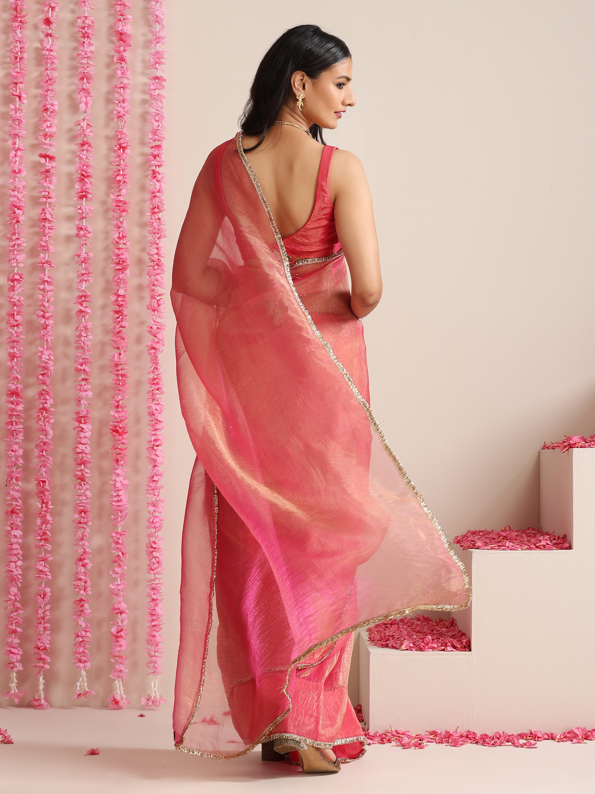 Pink Magic Saree – Metallic Chiffon Drape with Lace Border & Blouse Fabric